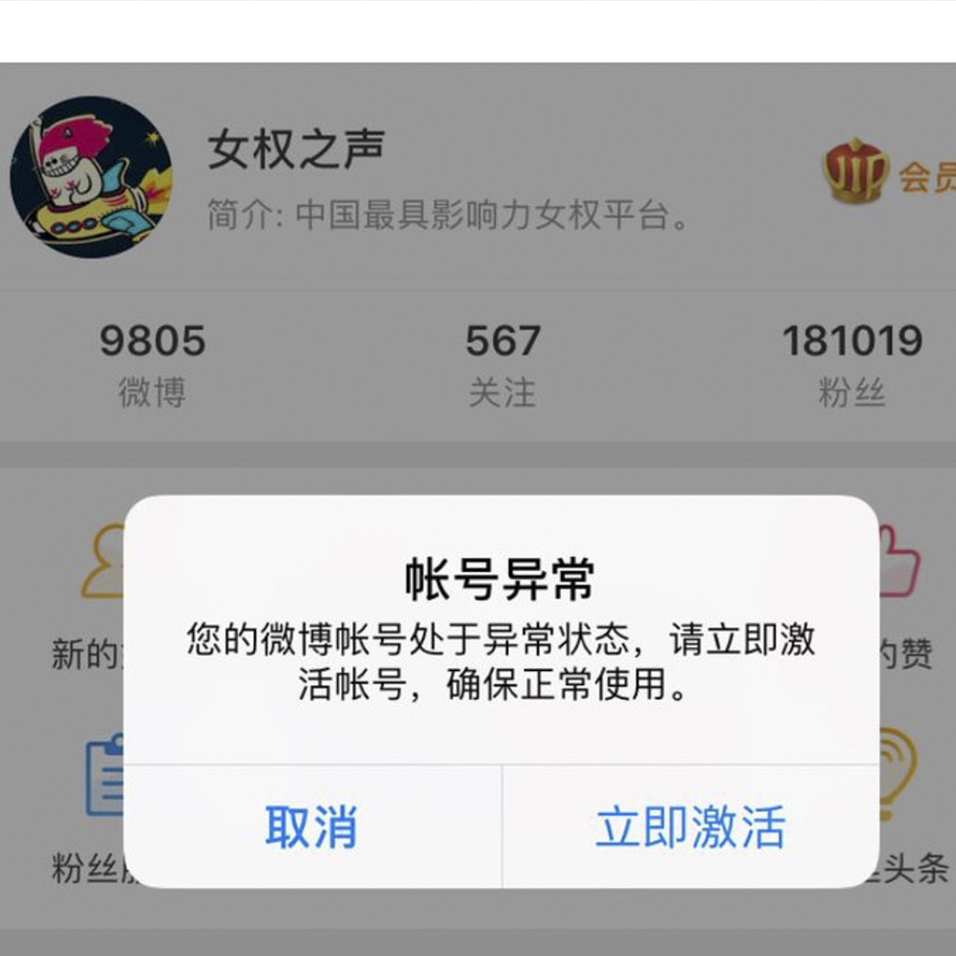 2018年3月8日,國際「三八」婦女節當天深夜,因「發布敏感違規信息」,擁有18萬粉絲的中國最大民間女權組織@女權之聲遭到新浪微博銷號,並被告知賬號無法恢復。