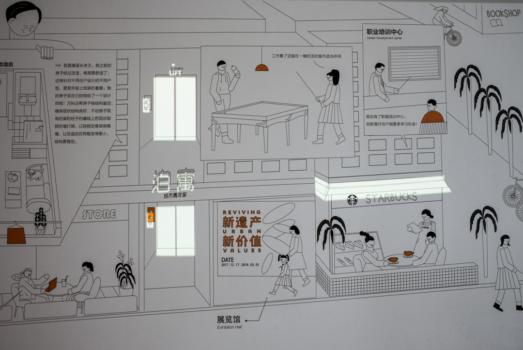 泊寓华为基地店是“万村计划”的样板房,有一幅以新围仔村为背景创作的绘画。翻新的公寓居于画面的中间,旁边是高档的饮料店、咖啡馆,还有一个立体车库。