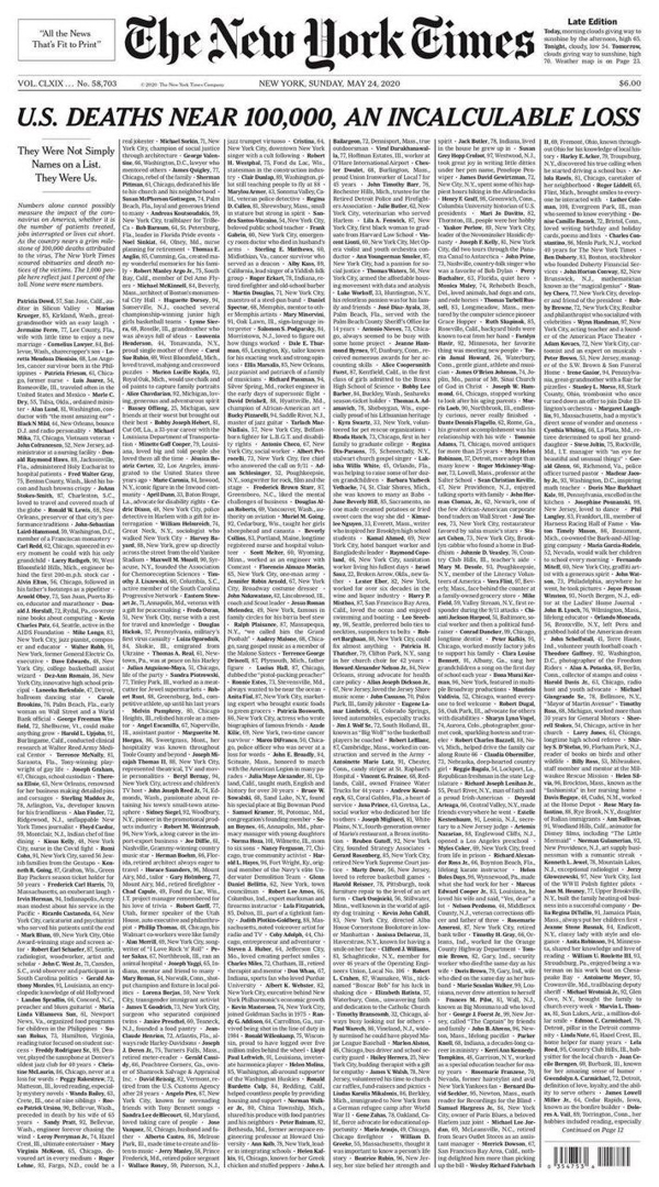 2020年5月24日,纽约时报用头版刊登了因新型冠状病毒死亡的一千个死者的姓名和简介。