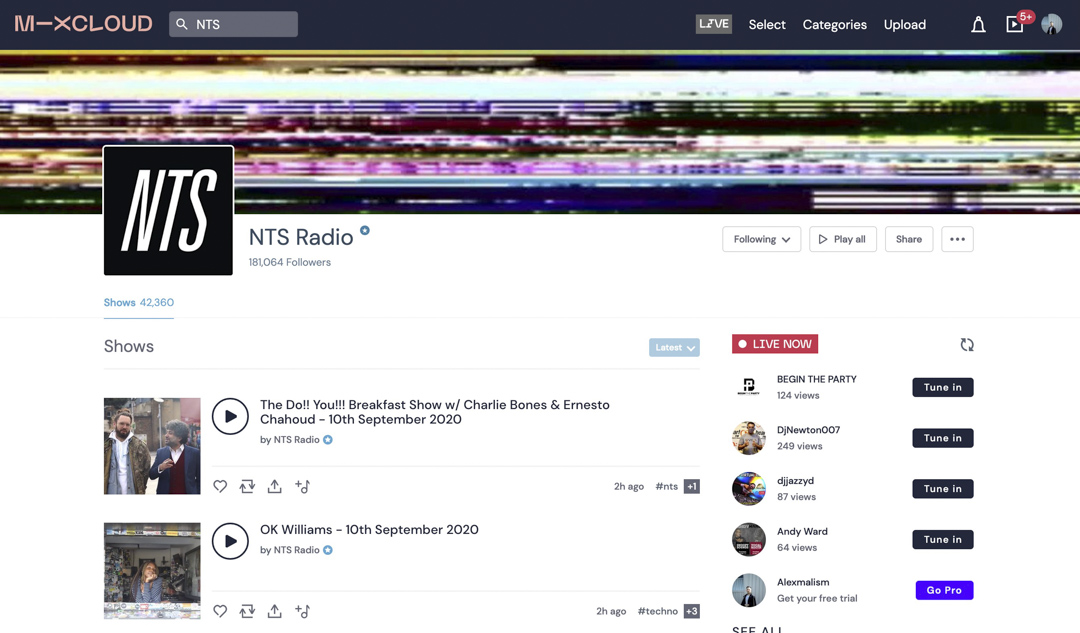 著名網絡音樂電台 NTS 在 Mixcloud 上有超過四萬多個節目錄音。