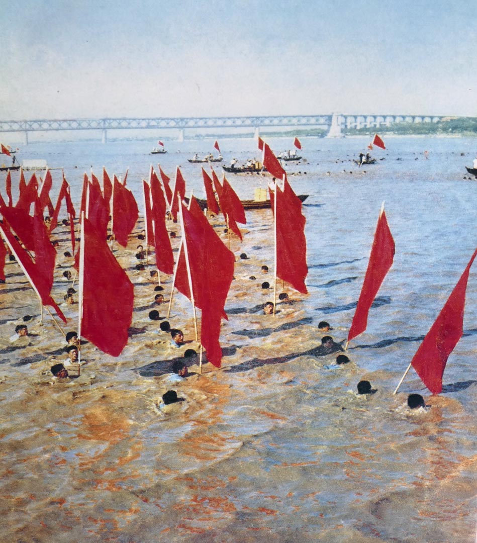 1967年,文化大革命期間,紅衛兵攜紅旗在長江中游泳。