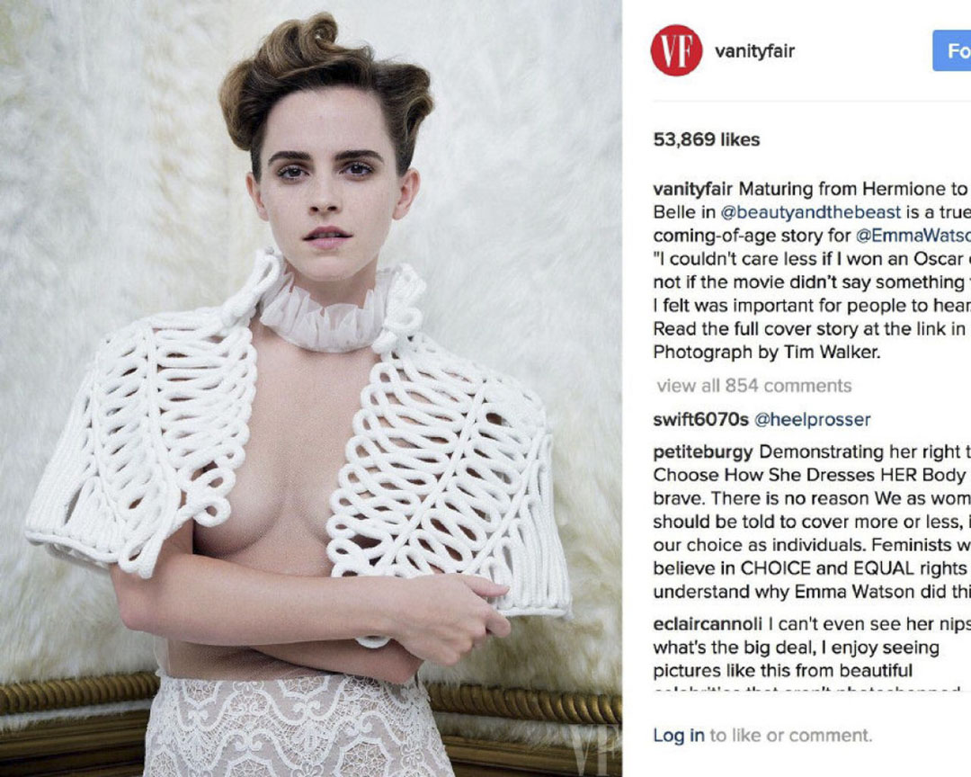 Emma Watson在2017年3月登上了Vanity Fair的封面,其中一幅照片在当时引起了关于女性主义、女性主义者以及身体自主的激烈辩论。