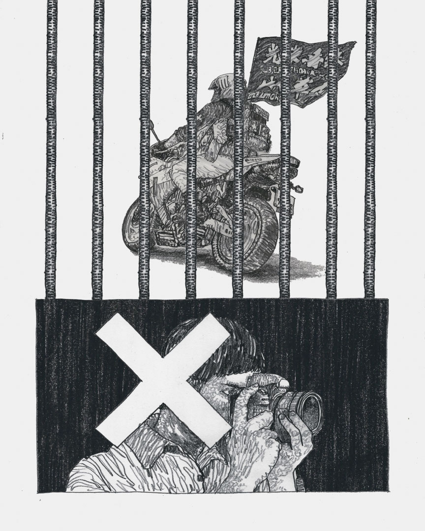 国安法首案判刑,柳广成的画把监狱的铁窗栏杆直接加在骑电单车的唐英杰身上。