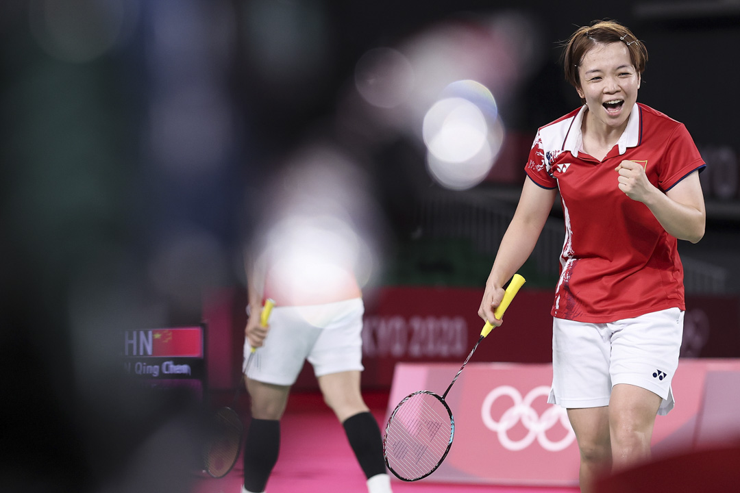 2021年8月2日，东京奥运羽毛球女双金牌战中，中国队的陈清晨。