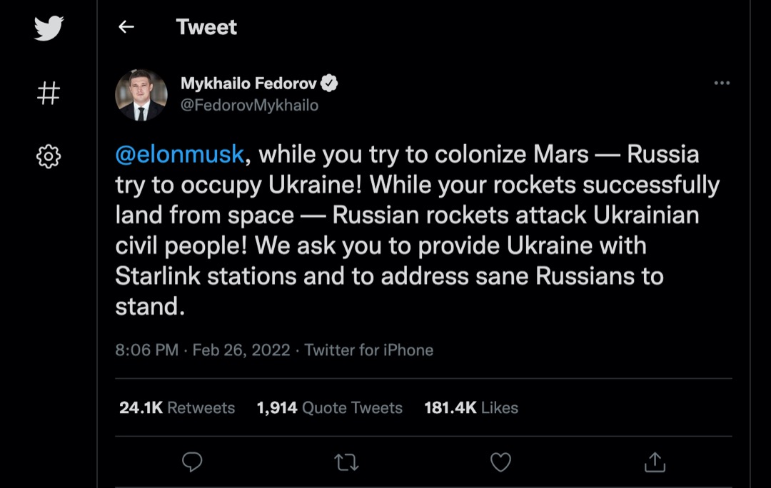 2月26日,烏克蘭副總理Mykhailo Fedorov則在Twitter上向SpaceX首席執行官伊隆·馬斯克求助,希望其為烏克蘭提供「星鏈」(Starlink)服務,以幫助改善烏克蘭的互聯網連接狀況。