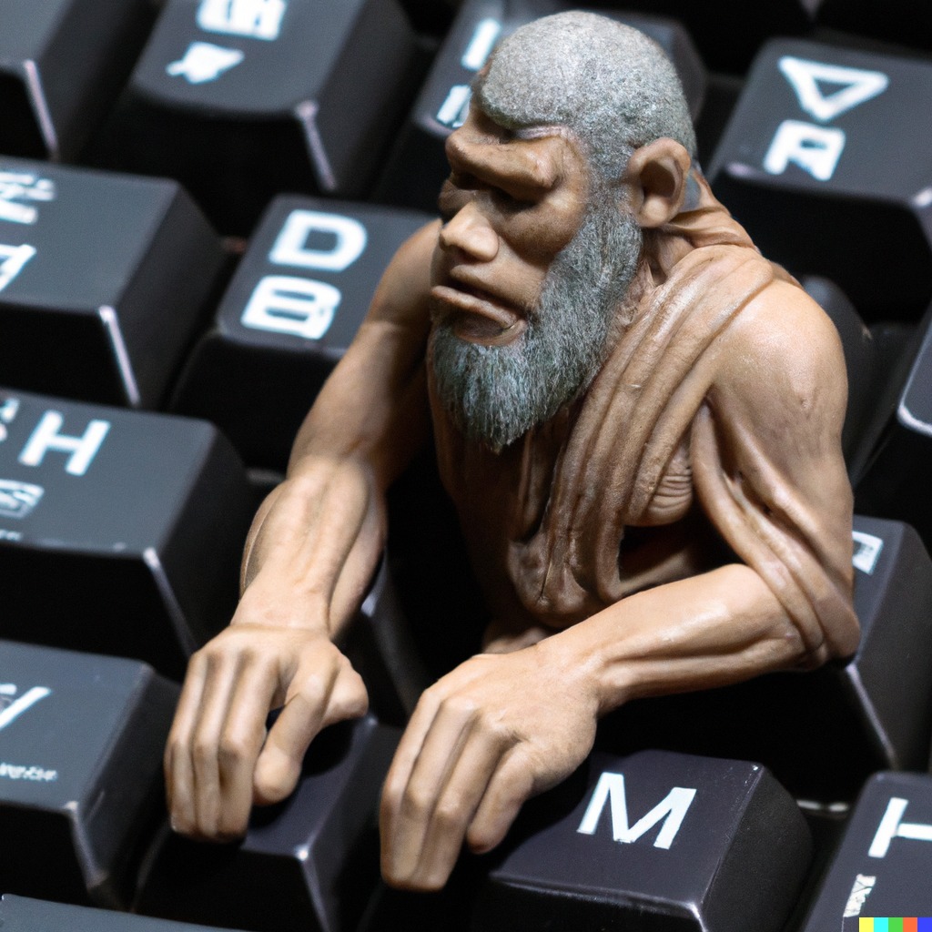 作者利用DALL.E生成的圖片,指令是「在鍵盤上打日語的原始人類」,但生成圖片中的原始人沒有在打鍵盤,鍵盤上的也不是日語。