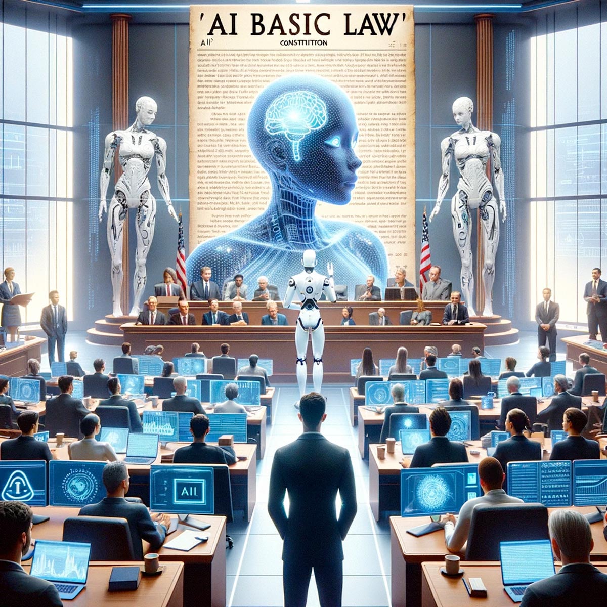 「因此，人類要為 AI 立憲，就是給一個 AI 基本法，限制那些矽谷的科技業大頭們，什麼事情可以做，什麼事情不能做。為什麼呢？因為它是另外一種生物，如果等到我們讓它這樣做了，尤其讓它有身體之後，也就是給了另外一種生物一個類似人類的自我的時候，它可能就真的會反叛人類了。」伊格言  圖：Mantha Mok / 端傳媒，由DALL·E生成