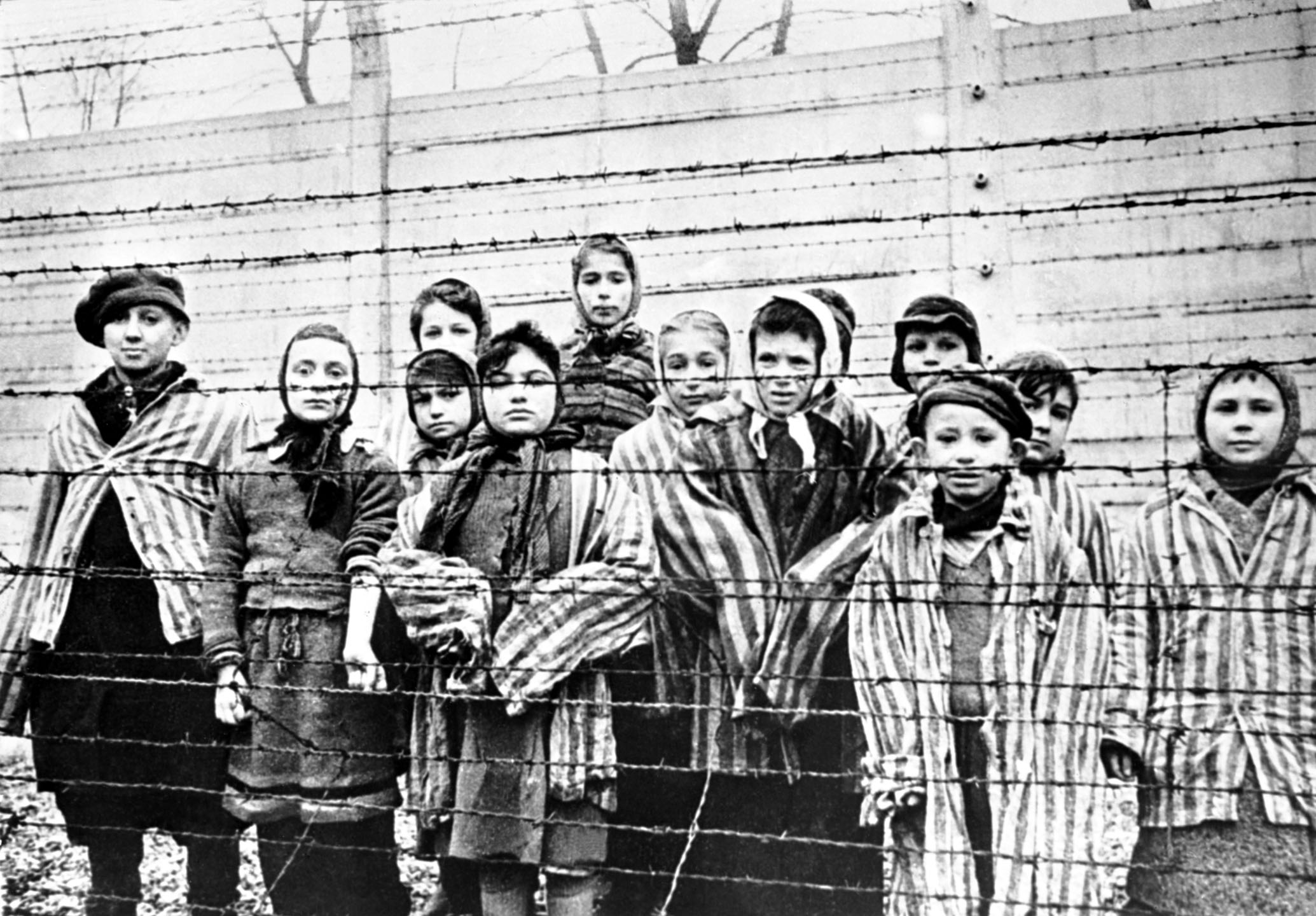 1945年1月27日,納粹集中營的鐵絲網圍欄後,一群兒童倖存者。攝:Alexander Vorontsov/Galerie Bilderwelt/Getty Images