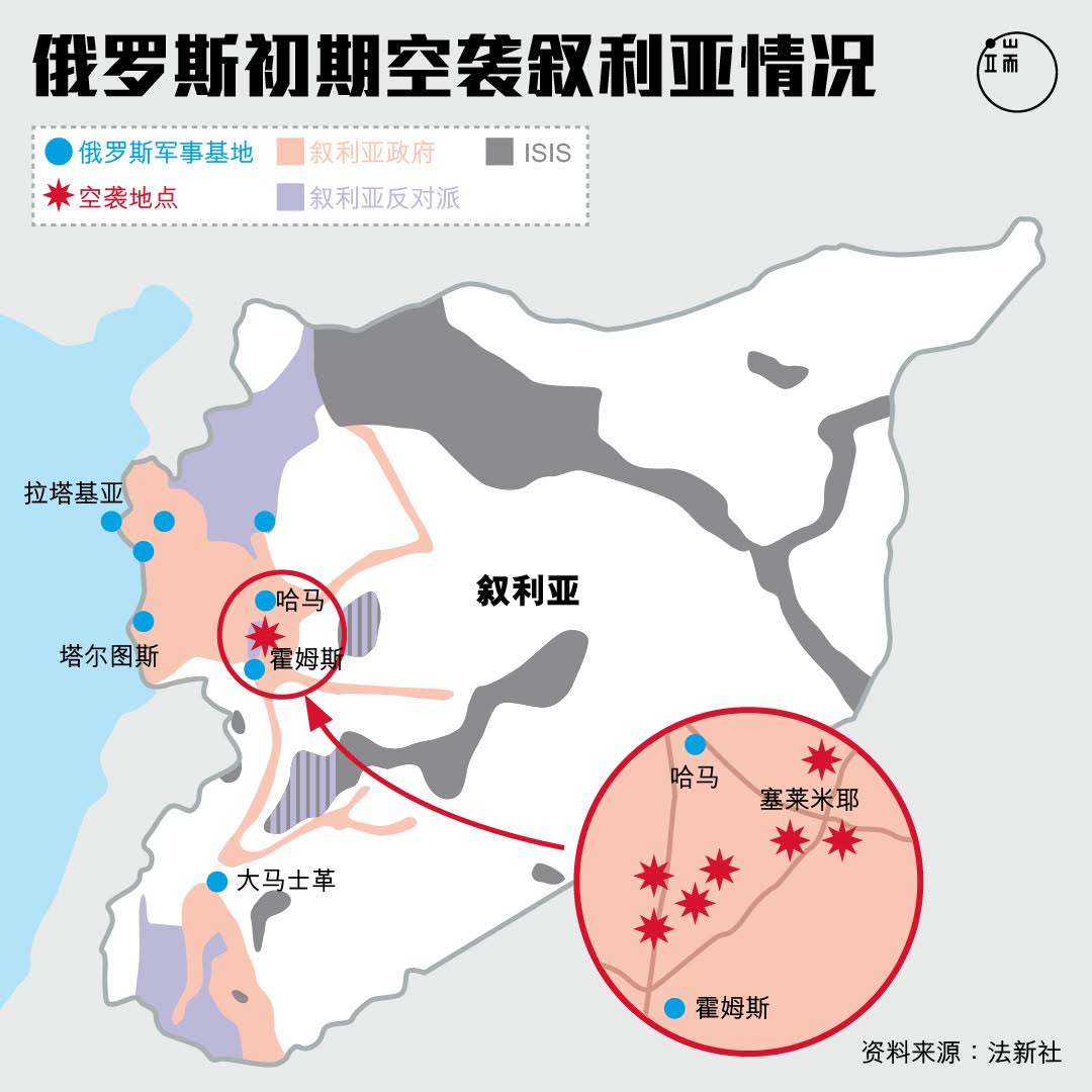 俄罗斯初期空袭叙利亚情况。 图:端传媒设计部