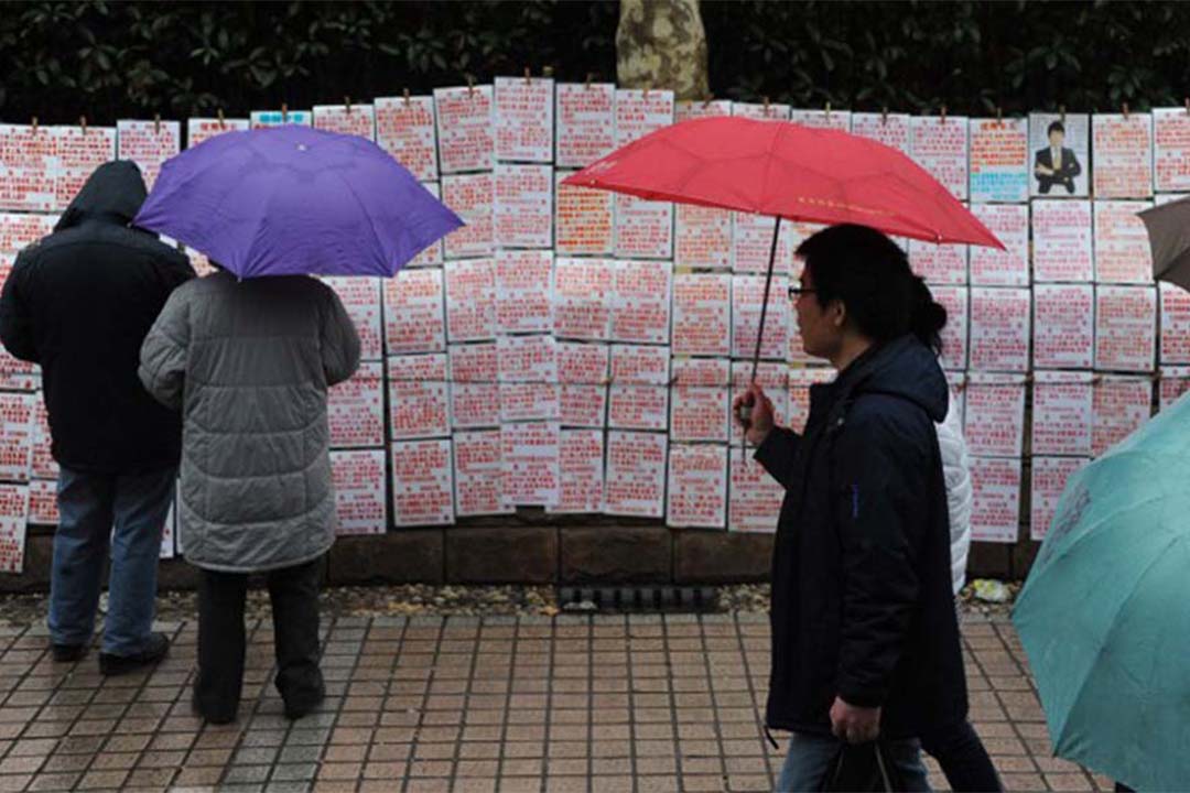 上海一個公園裡的角落貼滿相親信息。攝:ZOU HAIBIN / IMAGINECHINA